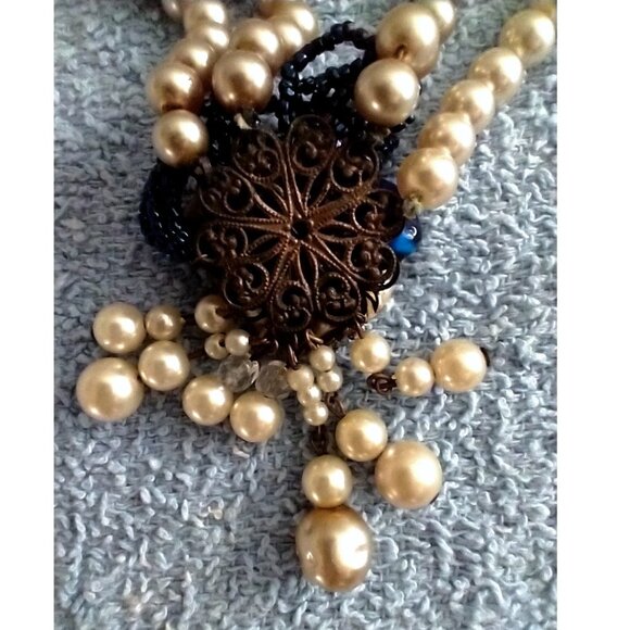 1940s Unsigned Haskell or Robert Faux Pearl Blue Glass Bead 2 Strand Necklace - Picture 4 of 12